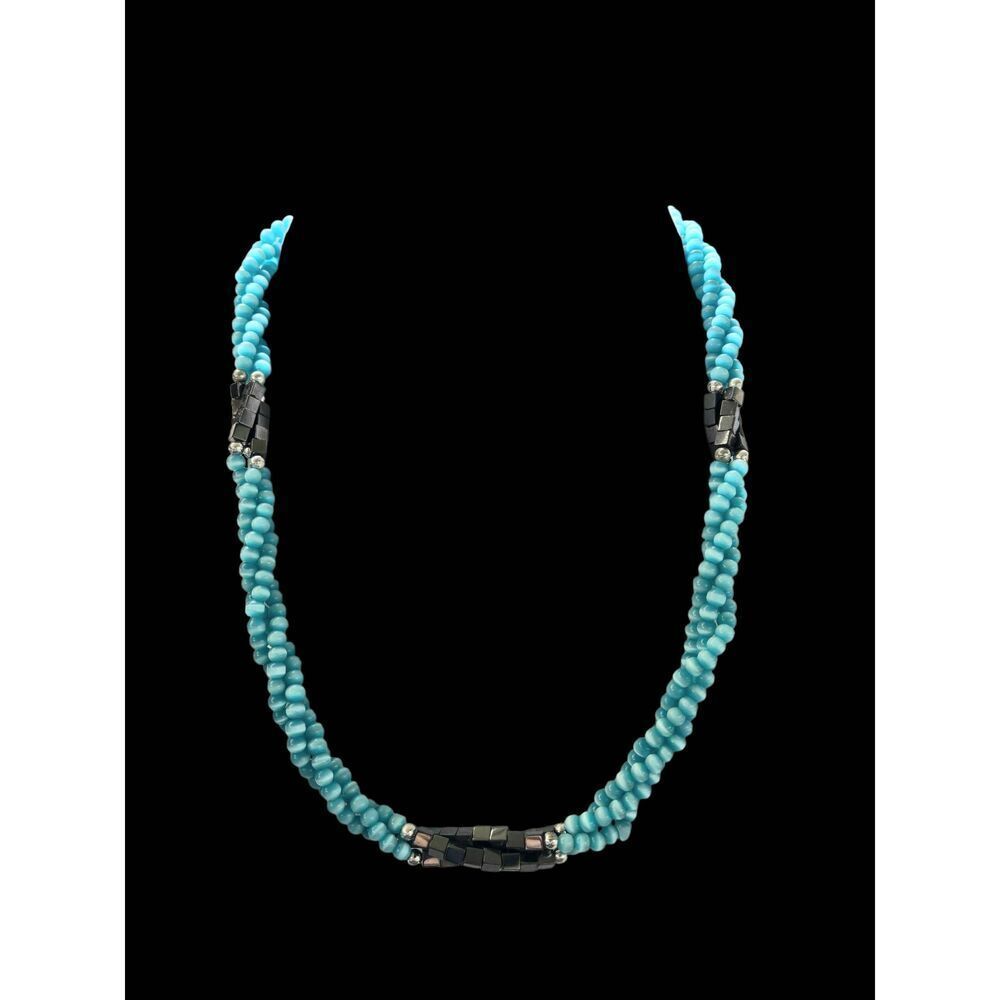 Women's Round Turquoise & Square Gun Metal Metallic Beaded Multi-Strand Necklace